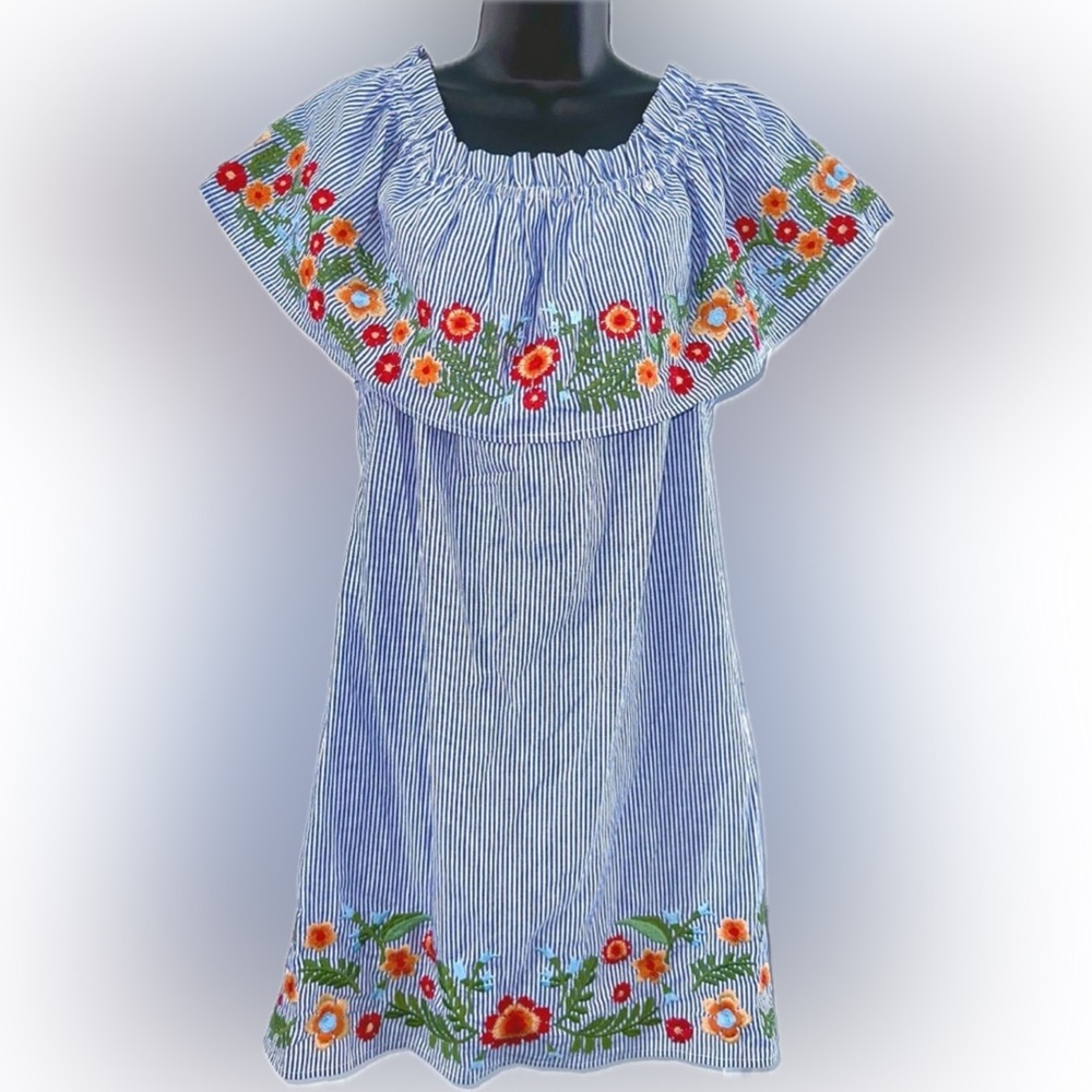 Miss Me, Large, Floral Embroidered Blue/White Pinstriped Dress